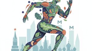 Стильная иллюстрация для блога о веганском питании для бегунов в Москве, современный дизайн.